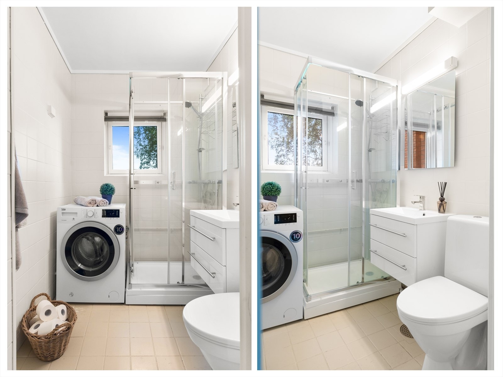 Badet er innredet med servant på innredning, toalett og dusjkabinett. Det er opplegg for vaskemaskin og naturlig ventilering. Galleribilde