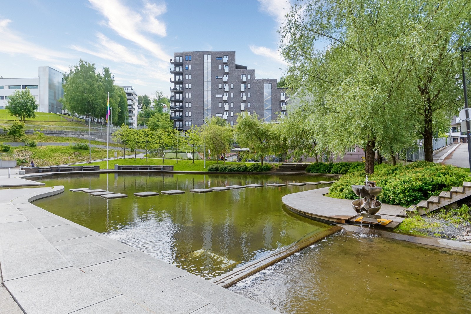 Området i Kværnerbyen er frodig og har en dam/elv rennende gjennom. Dammen blir brukt som badeplass på sommeren og skøytbane på vinteren. Galleribilde