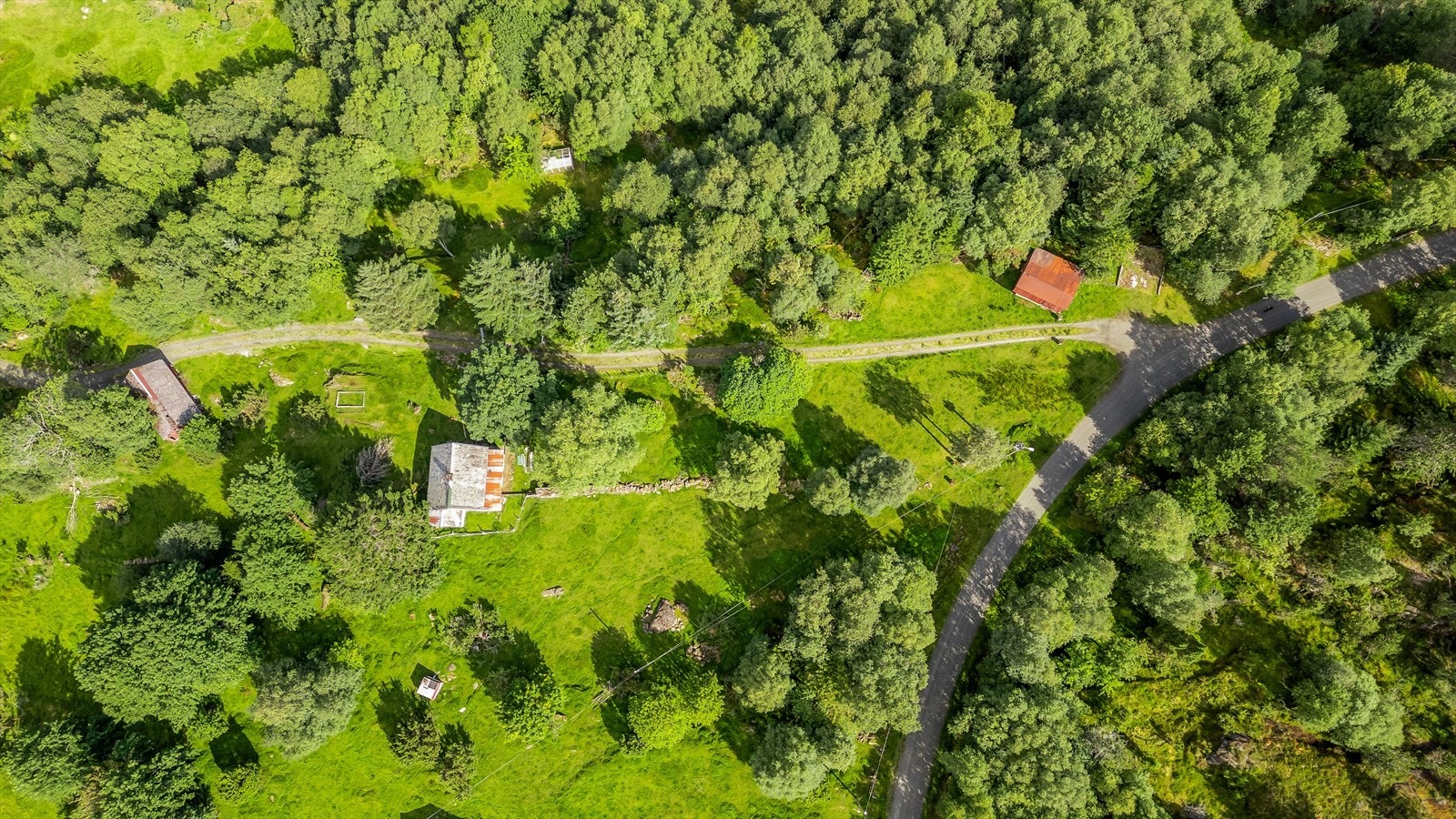 Deler av eigedomen sett ovanifrå. Garasje, drivhus, enebolig og løde Galleribilde