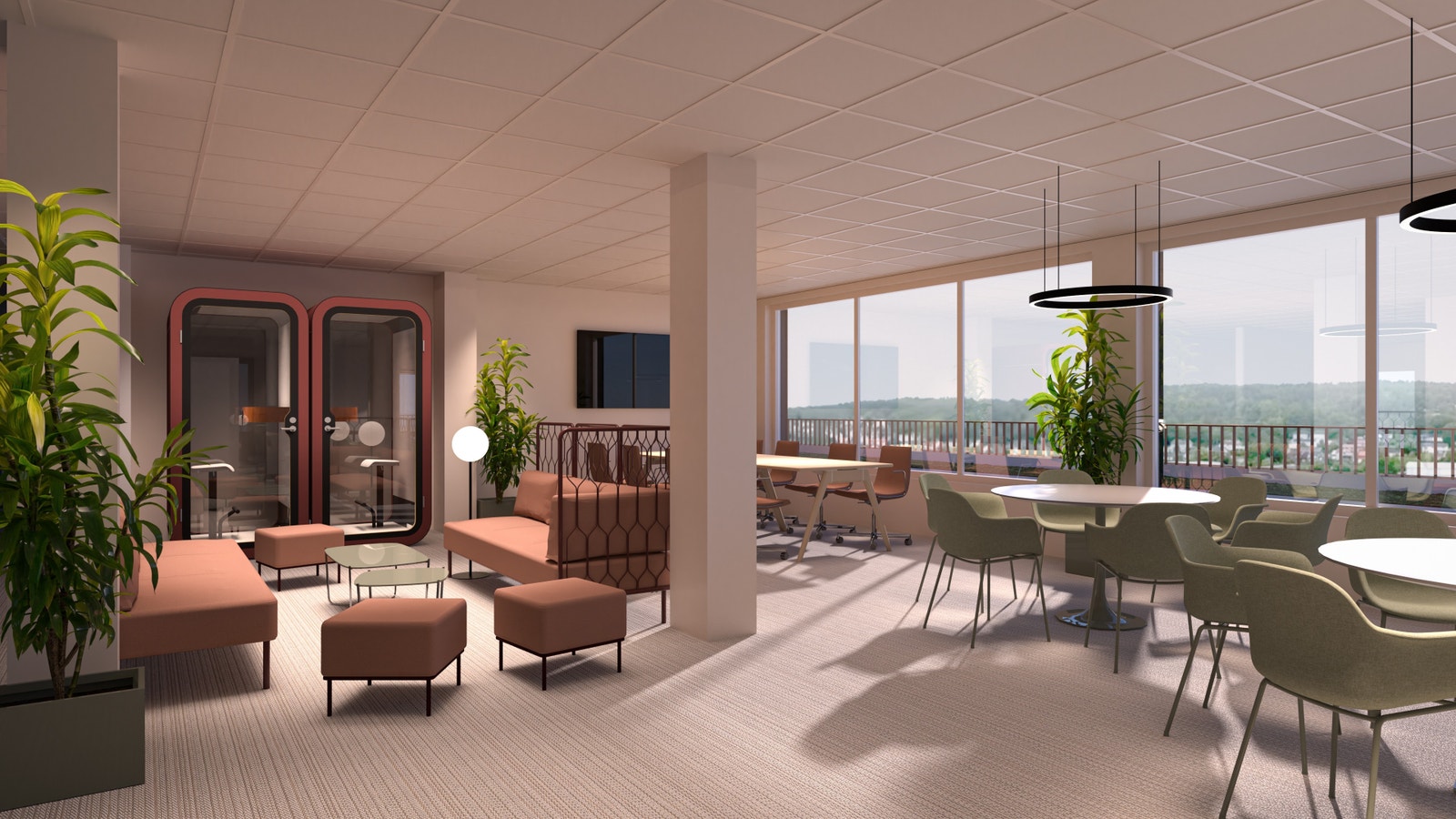 Skisse fra toppetasjen med felles møtefasiliteter og eventuelt felles kantine. Galleribilde