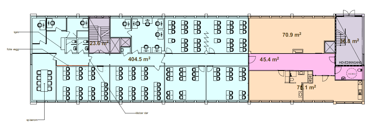 Plantegning 1. etg. BTA 655 m². Innredningen kan avvike fra tegning.