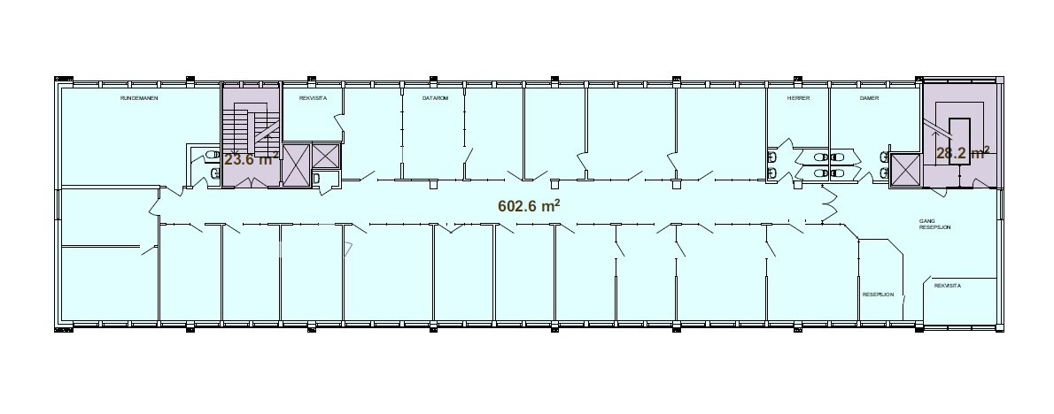 Plantegning 2. etg. BTA ca. 655 m². Innredningen kan avvike fra tegning.