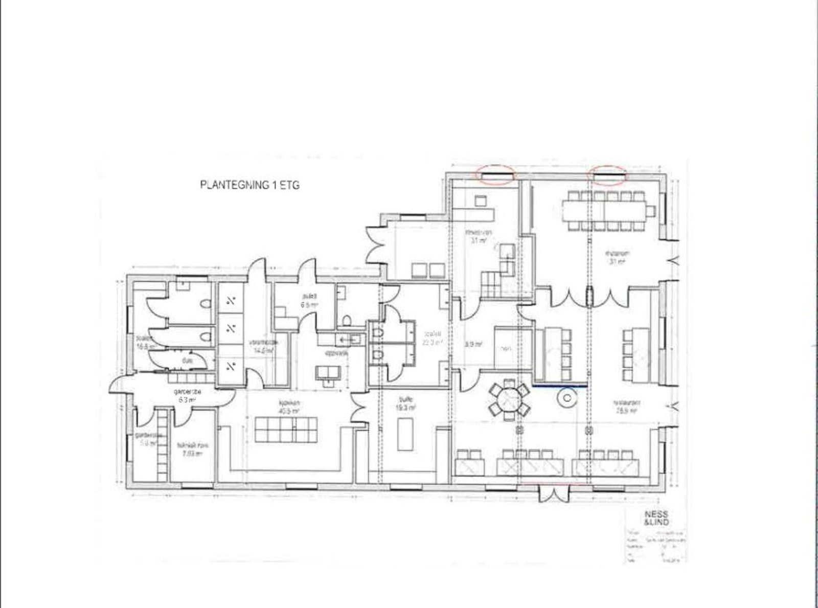 Foreslått planløsning i 1.etasje etter ombygging med restaurant, kjøkken, konferanserom mm Galleribilde
