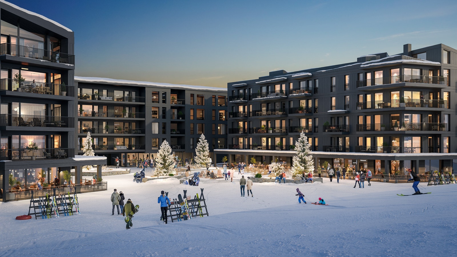 Illustrasjon - torget med nedgang til parkeringsanlegg er omgitt av de fire næringsseksjonene Galleribilde