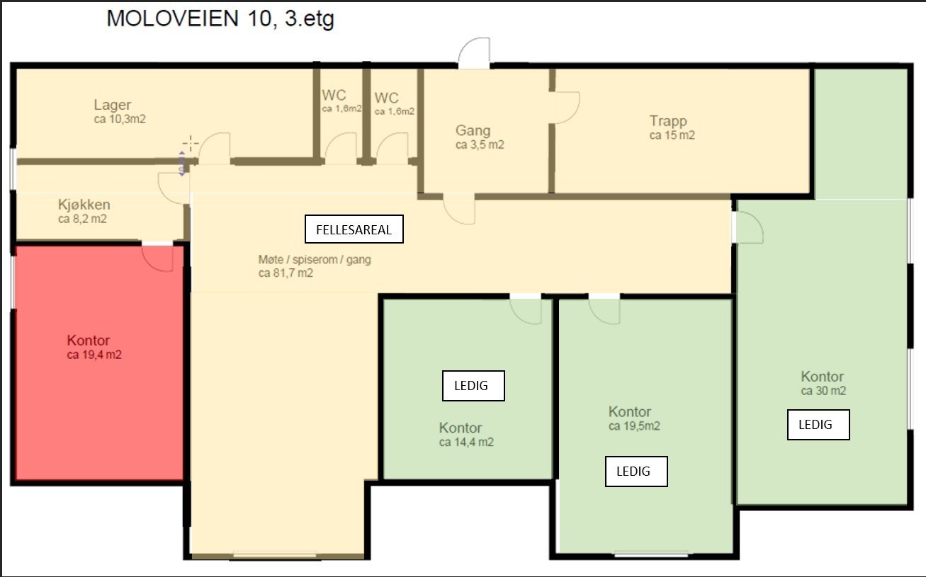 Moloveien 10 - ledige kontorer 3.etg. Ledig markert grønt. Galleribilde