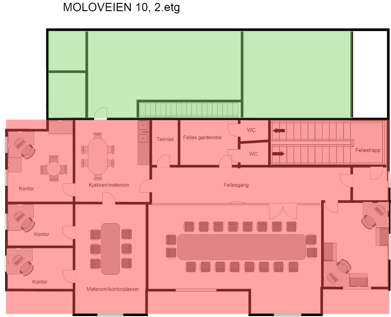 Moloveien 10, kontor og lagerlokale 2.etg. Ledig markert grønt Galleribilde
