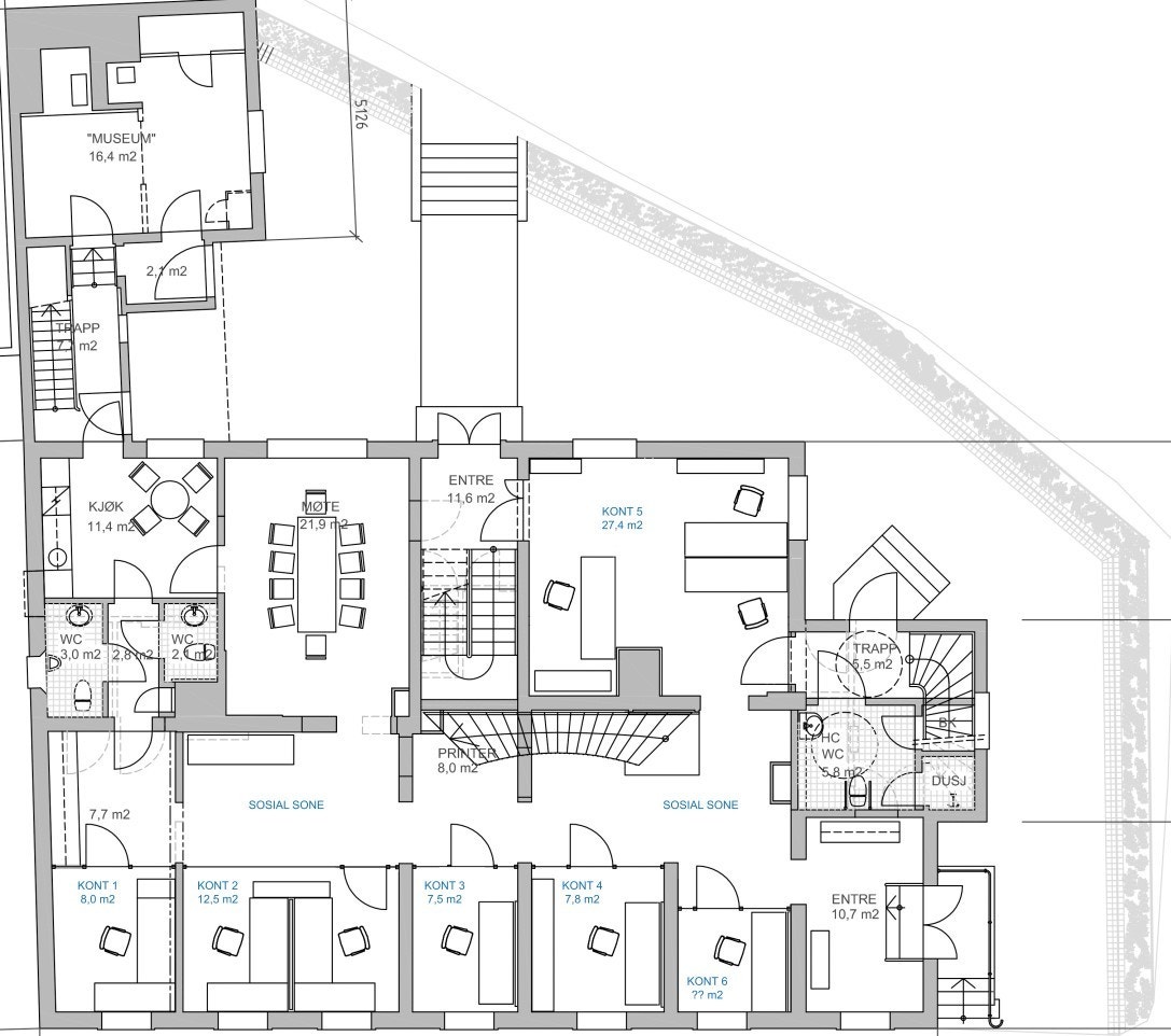 Plantegning 1. etasje - kontorer, møterom og kantine. Galleribilde