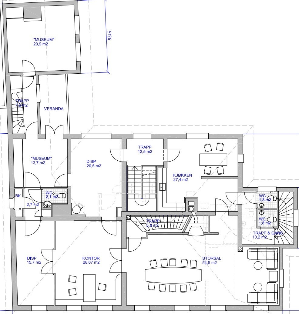 Plantegning 2. etasje - kontor, åpent landskap/møterom og kantine. Galleribilde
