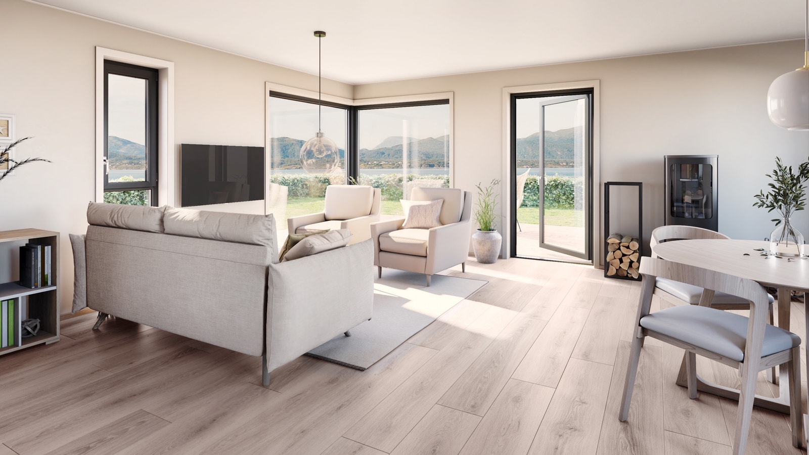 Stue med verandadør ut på platting. Galleribilde