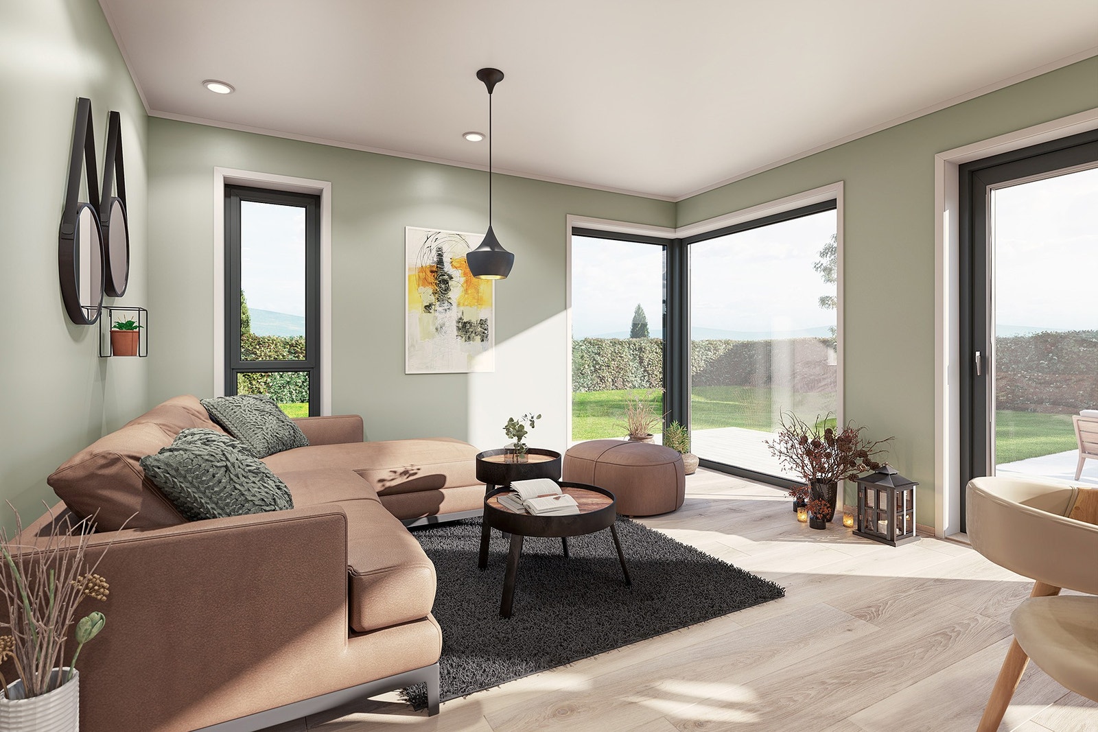 Stueløsning med vindu fra gulv til tak. Galleribilde