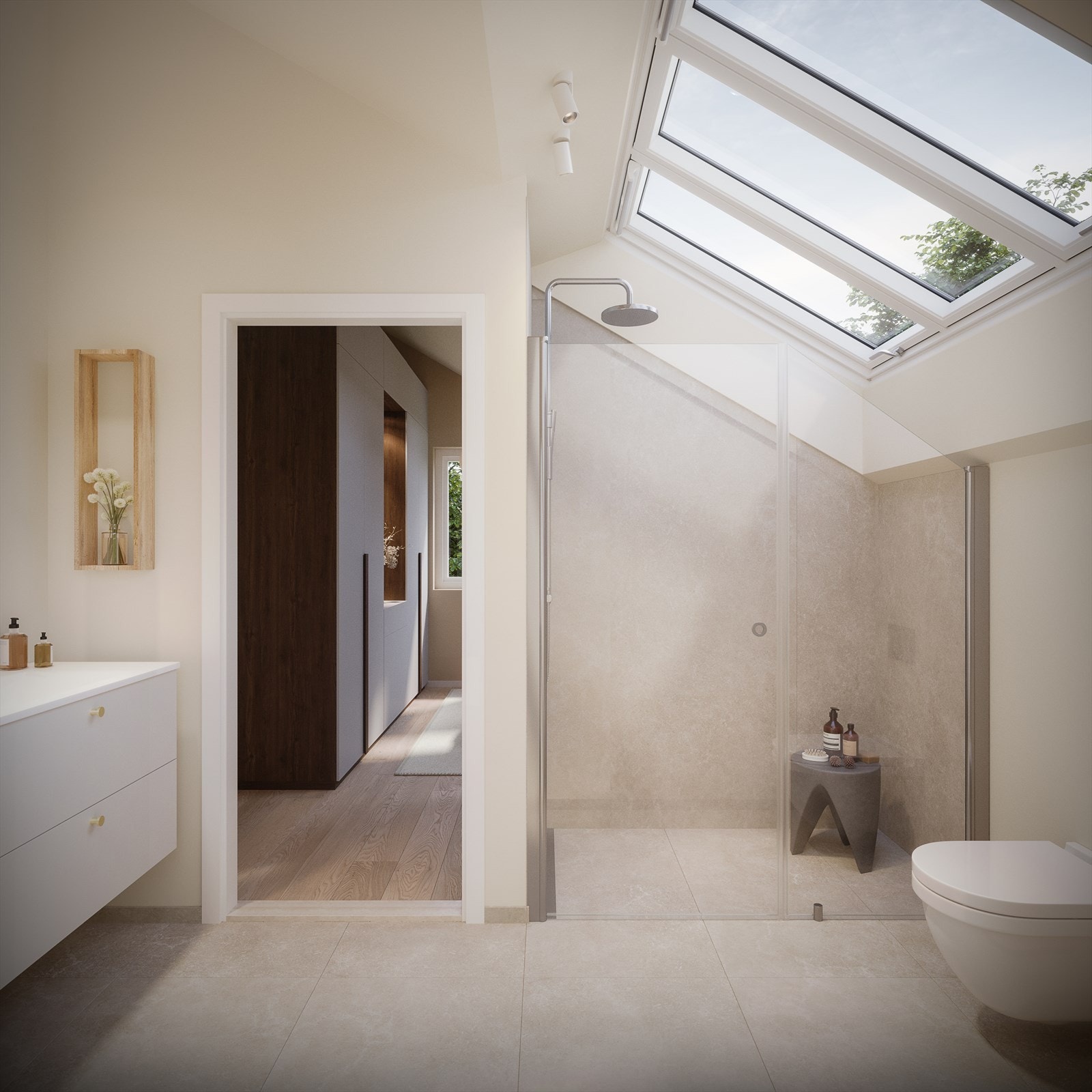 Flotte og delikate bad med fliser fra Bella og baderomsinnredning fra Fossbad. Illustrasjon. Galleribilde