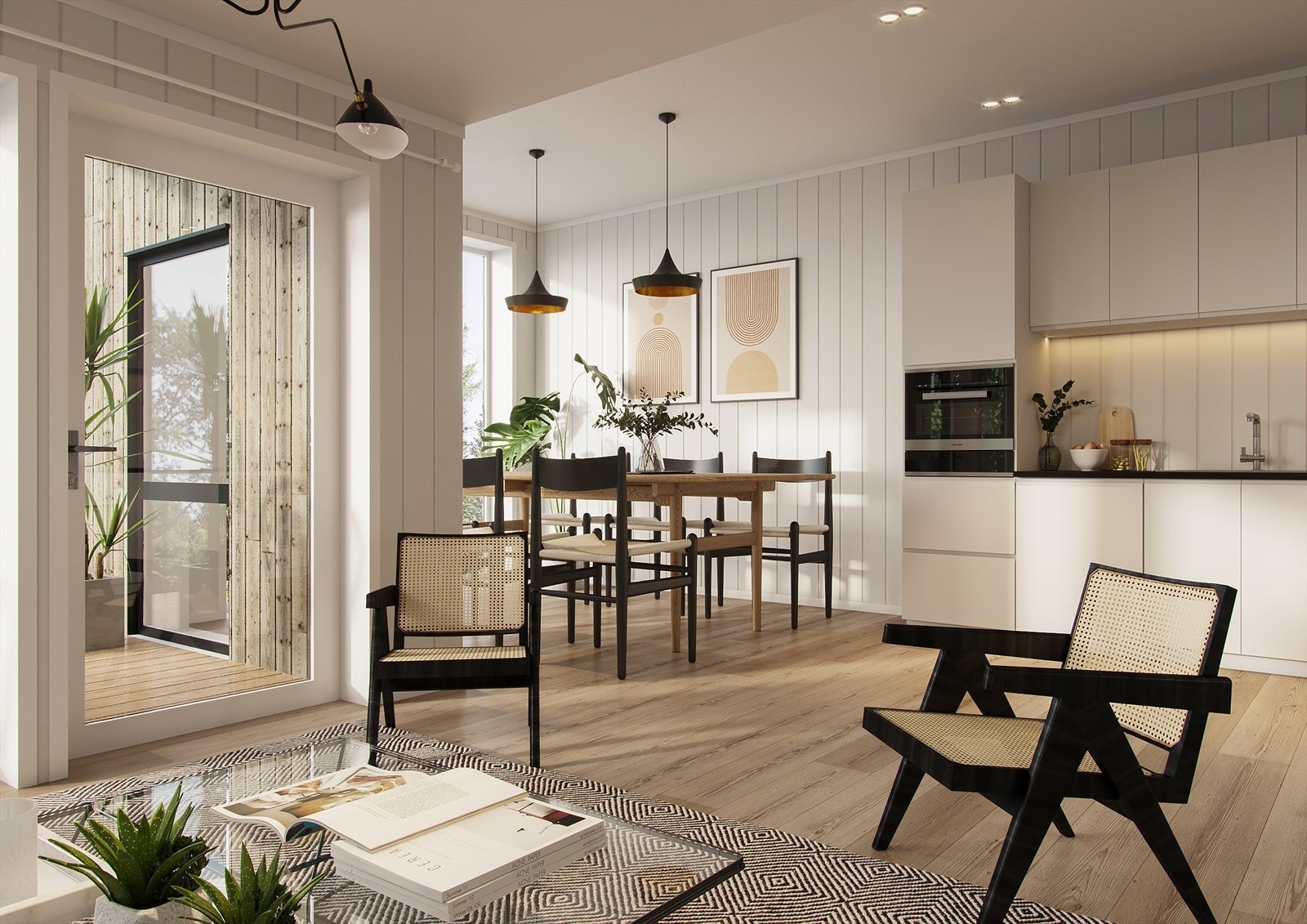 Kjøkkeninnredning fra Sigdal med innebygde hvitevarer - Lyse og moderne overflater. Utgang til terrasse fra stuen Galleribilde