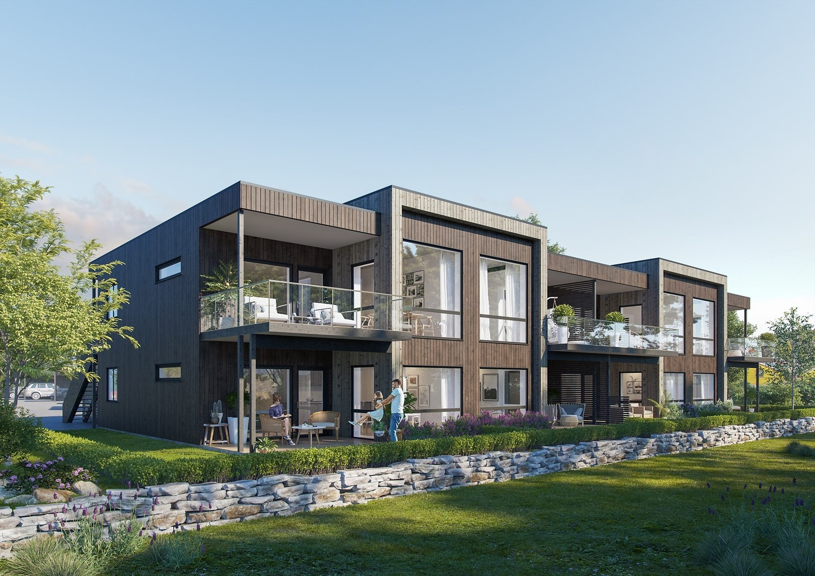 Moderne fasade med store vindusflater og store terrasser Galleribilde