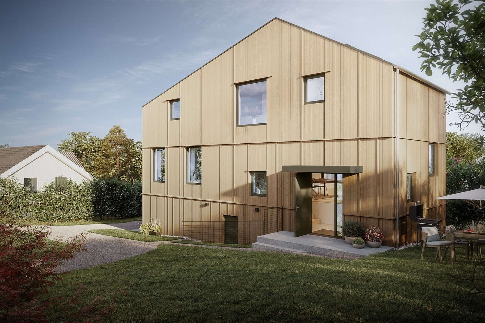 Illustrasjon av Hus A i Bekkefaret 8D. Praktfull enebolig med fleksibel planløsning over 3 plan med integrert garasje. Avvik kan forekomme. Galleribilde