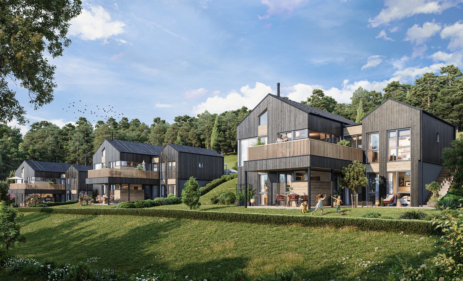 Moderne eneboliger beliggende i den øverste delen av det nye boligfeltet i Holåsen Vest. Galleribilde