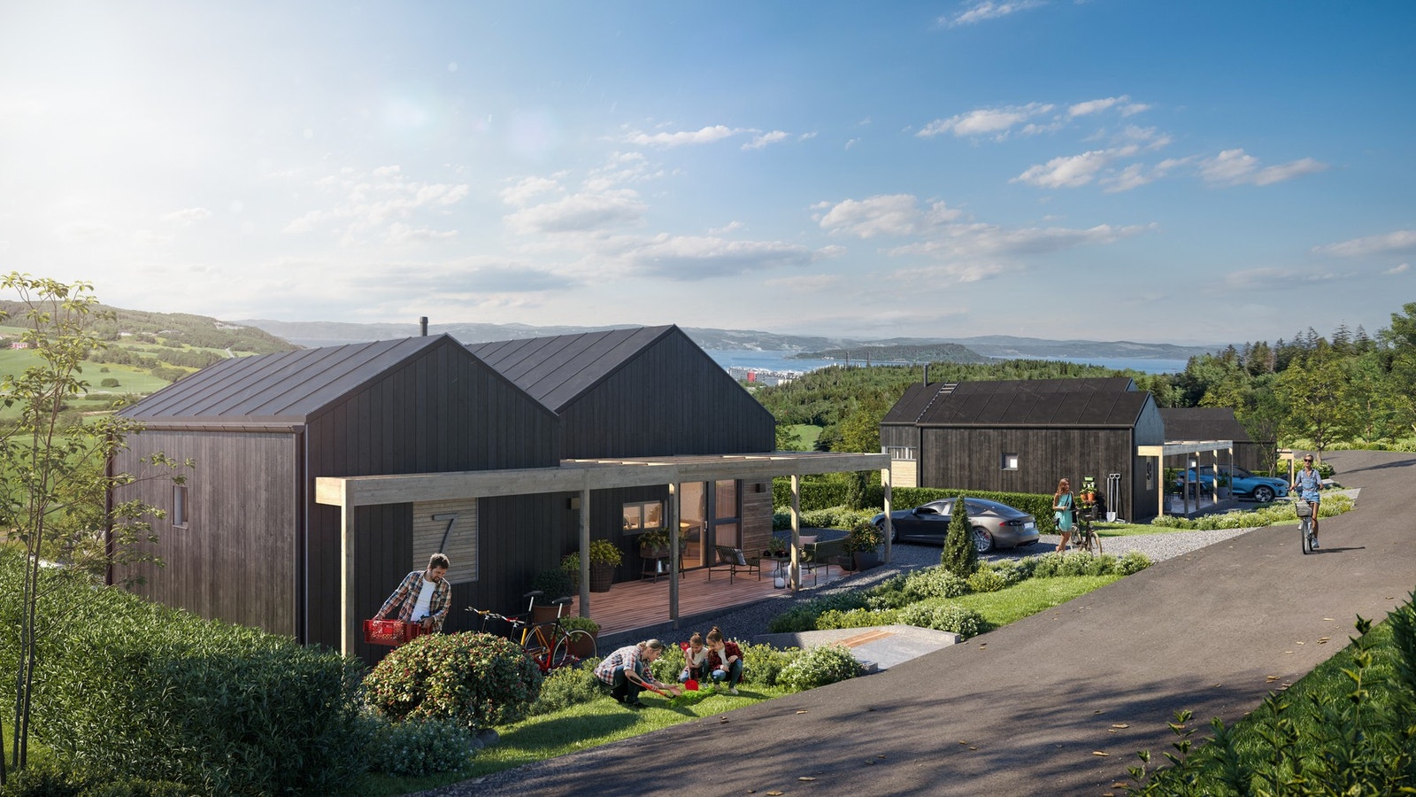 Boligene ligger fint til i Holåsen Vest med sjøutsikt og sen kveldssol på solrike sommerdager. Galleribilde