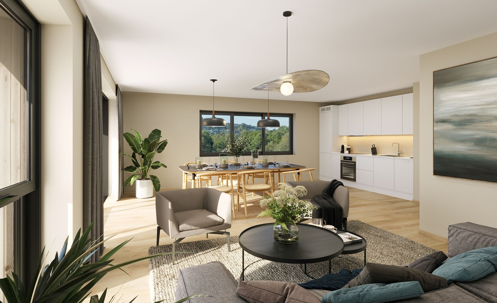 Stue med åpen kjøkkenløsning i leilighet 3B H0303 Galleribilde