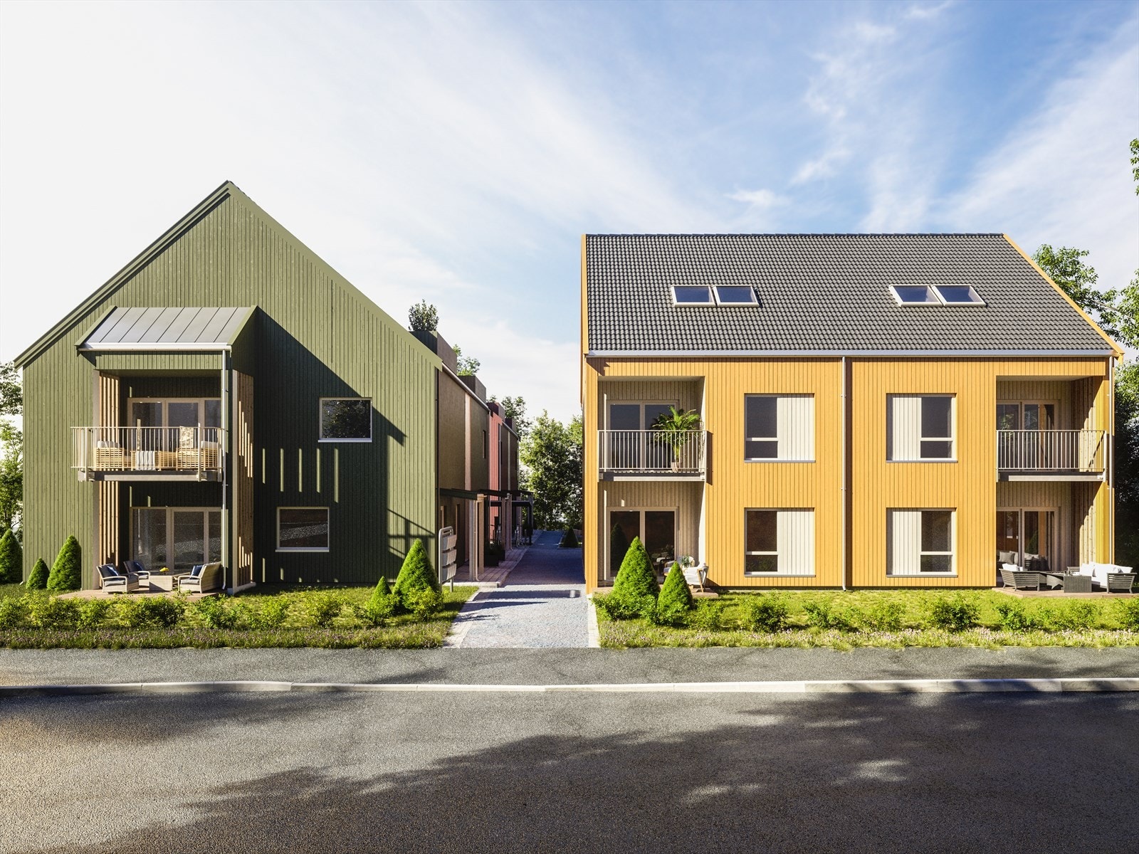 Her kan du velge mellom leiligheter både på 1 og 2 plan. Illustrasjon. Galleribilde