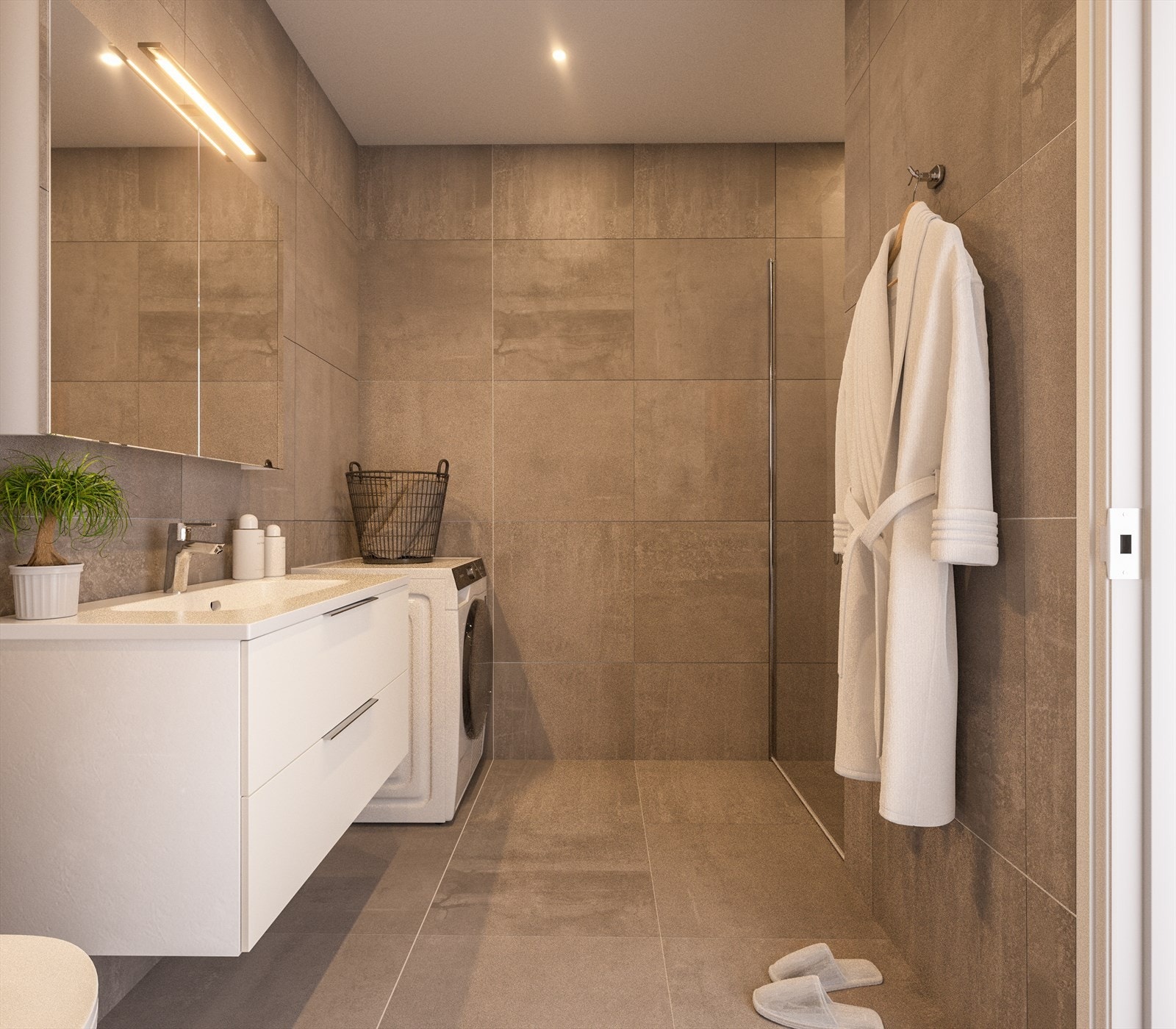 Den mindre leilighetstypen får opplegg for vaskemaskin på badet. Illustrasjon. Galleribilde