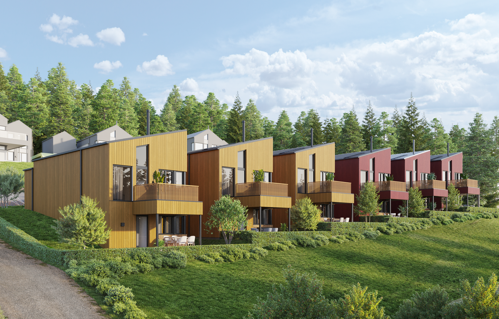 Eneboliger i kjede i moderne stil beliggende i populære Holåsen Vest. Galleribilde