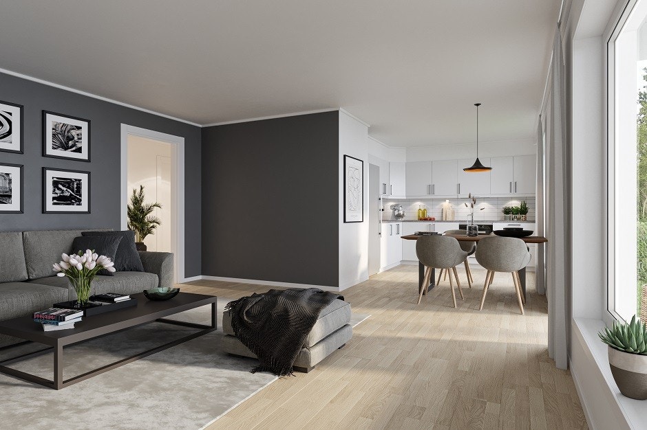 Stue med åpen kjøkkenløsning, samtidig som kjøkkenet er litt skjermet. Galleribilde