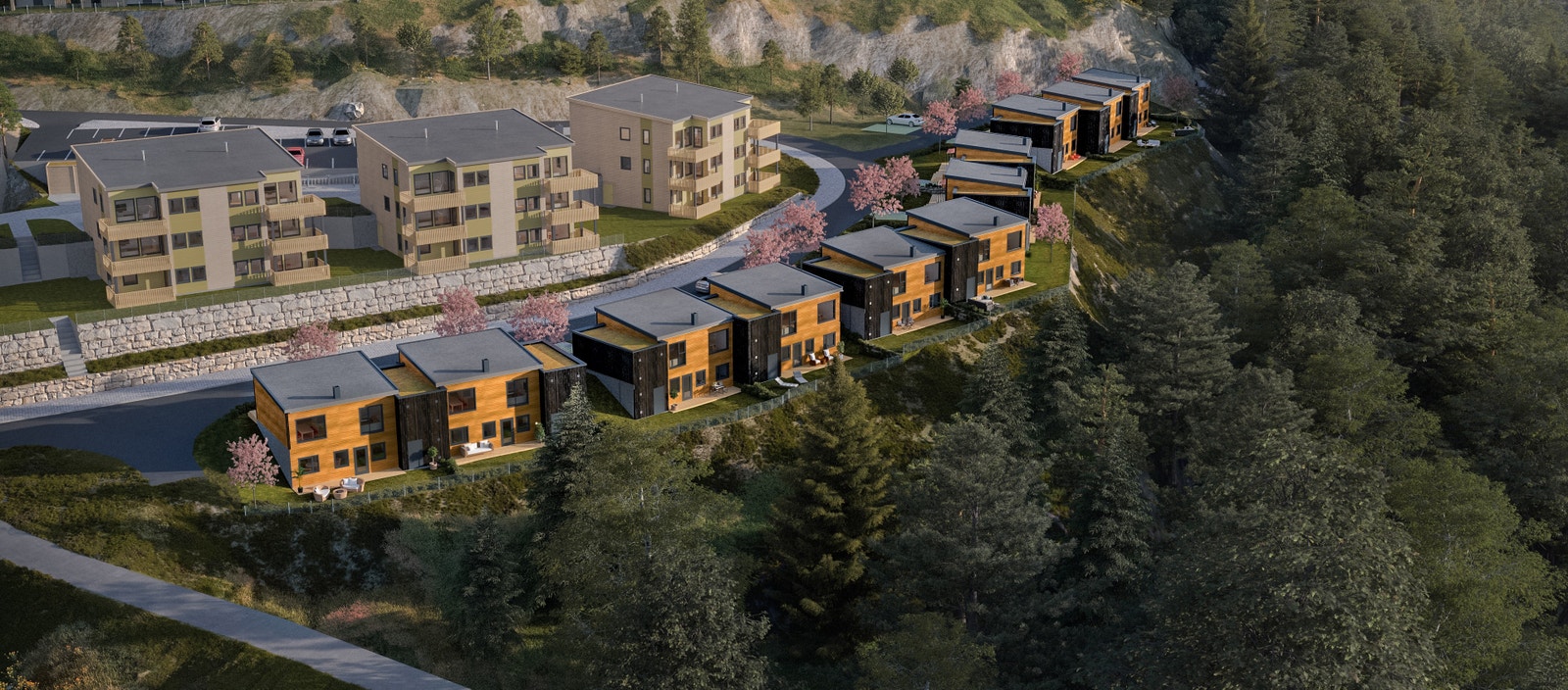 Idyllisk bo-miljø med gode solforhold. Kveldssol til ca 19.30 på terrassen ved kjøkkenet (Illustrasjon over fremtidig bebyggelse) Galleribilde