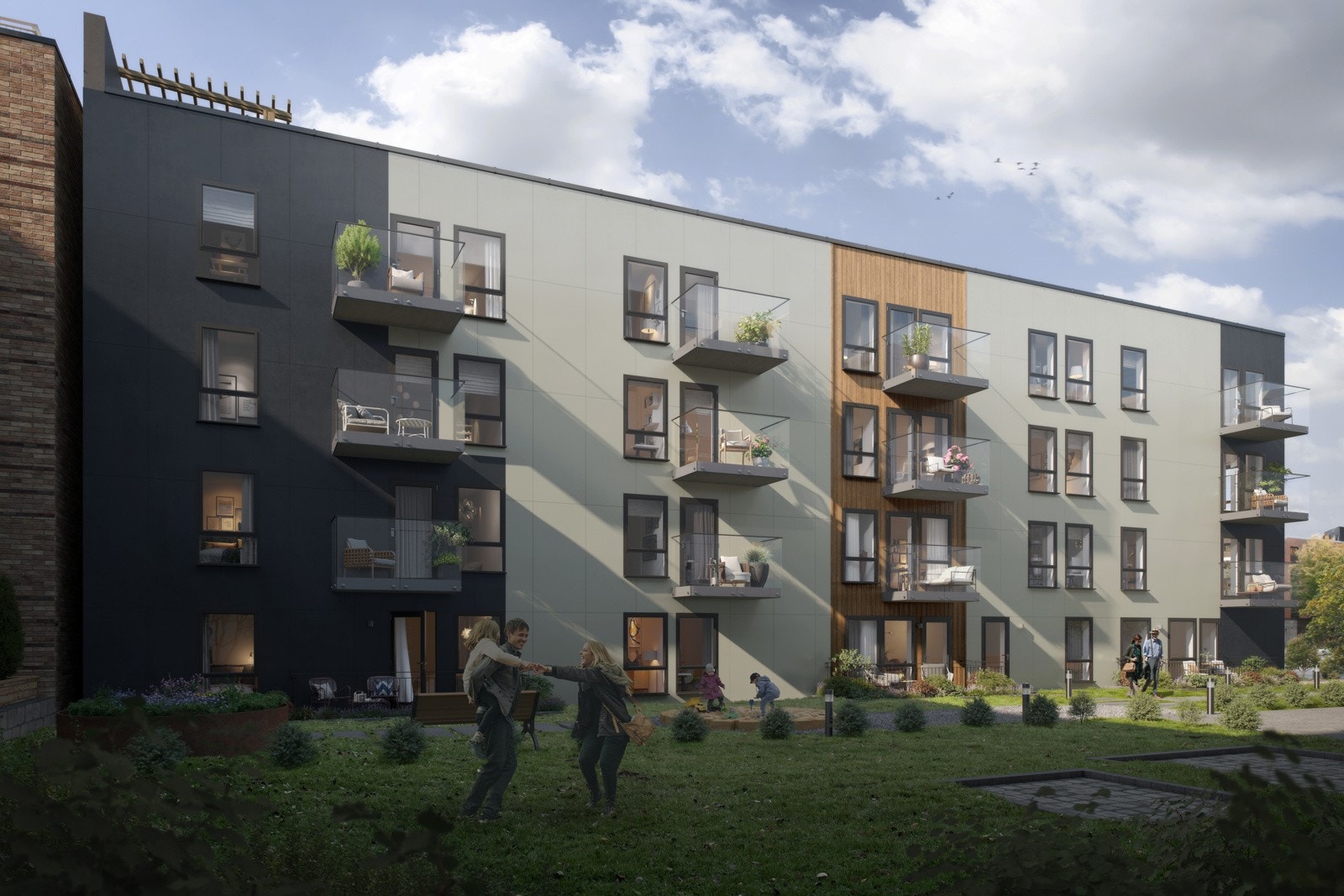 Tre av leilighetene i første etasje prosjekteres med markterrasse inn mot rolige omgivelser. Galleribilde