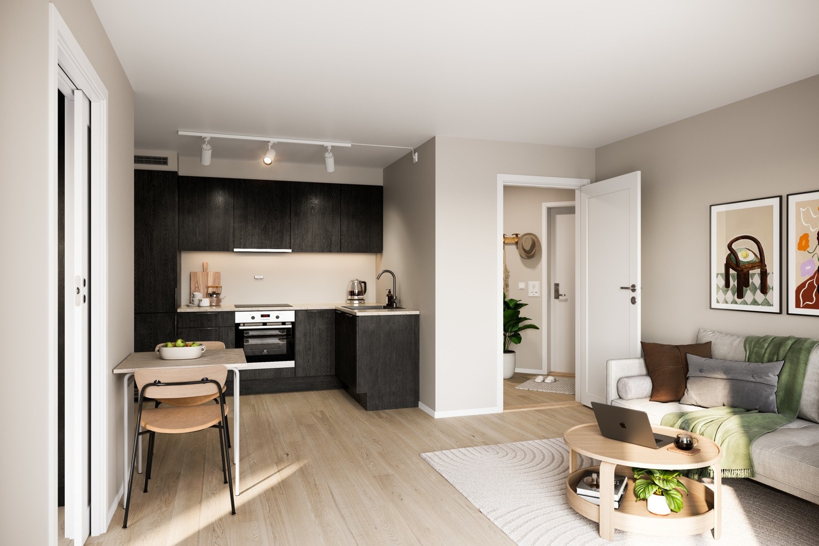 Kjøkkenet er prosjektert med stilren og moderne innredning. Ved kjøp av leilighet før innredning starter gis det mulighet for valg av andre kjøkkenfronter, men ellers vil det være mørke fronter. Bildene er illustrasjon og avvik vil forekomme. Galleribilde