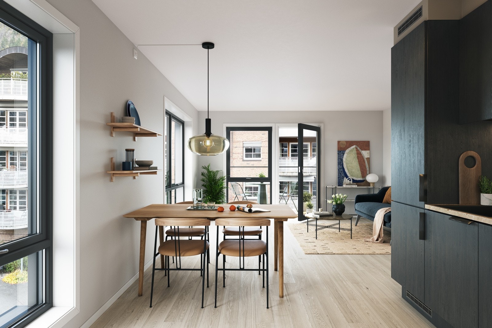 Leilighetene får stue og kjøkken i en moderne, åpen løsning, hvor høye vinduer vil supplere rikelig med naturlig lys.Bildene er illustrasjon og avvik vil forekomme. Galleribilde