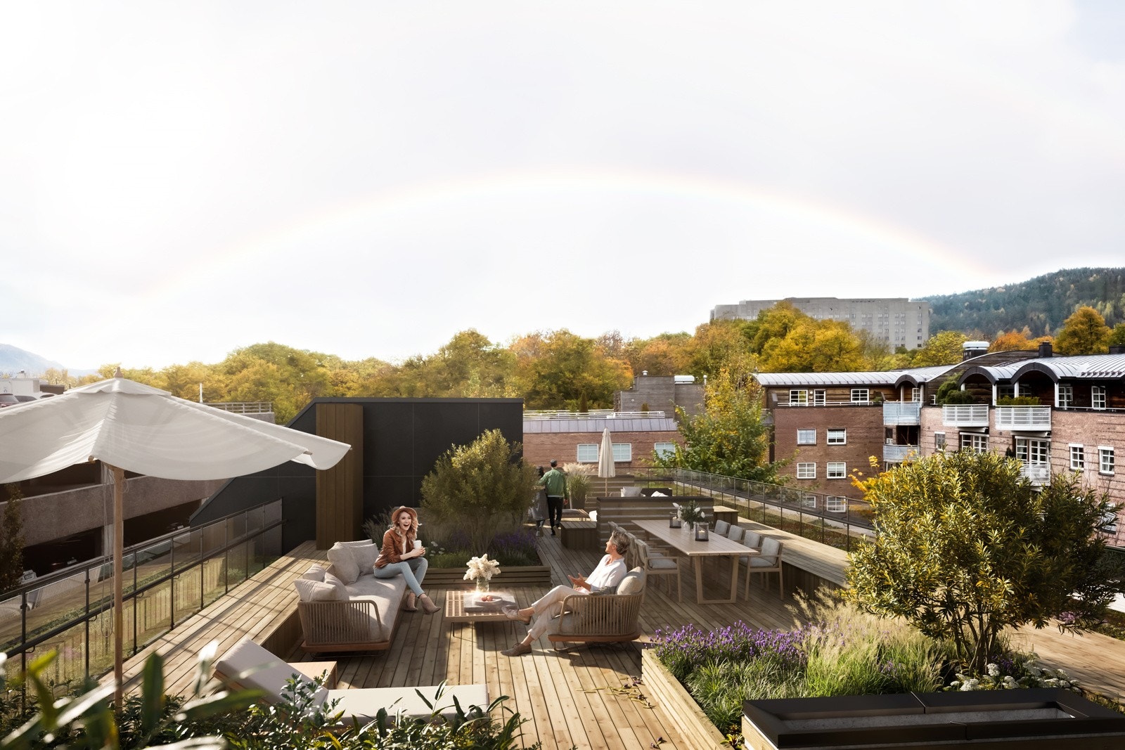 Bygget er prosjektert med en stor, flott takterrasse. Takterrassen vil få et areal på ca. 200 kvm, og her vil du kunne nyte meget gode solforhold i løpet av dagen. Galleribilde