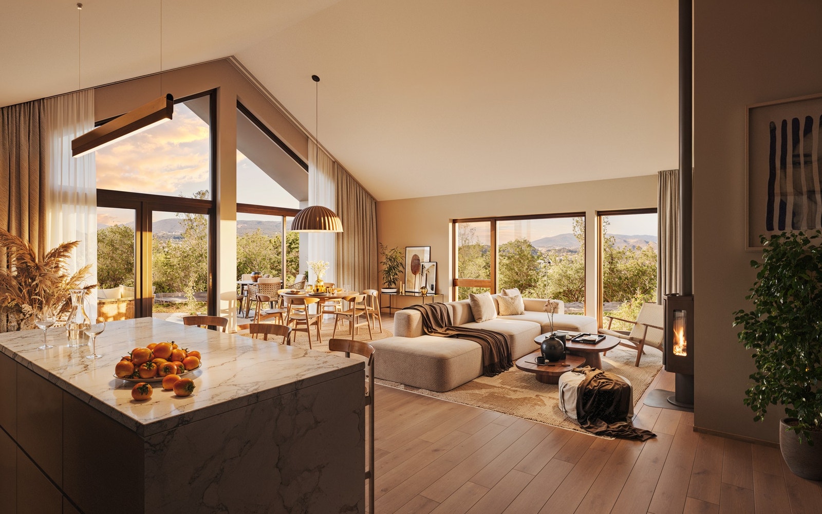 Fantastisk stue og kjøkken med store vinduer og høyt under taket (illustrasjonsbilde). Galleribilde