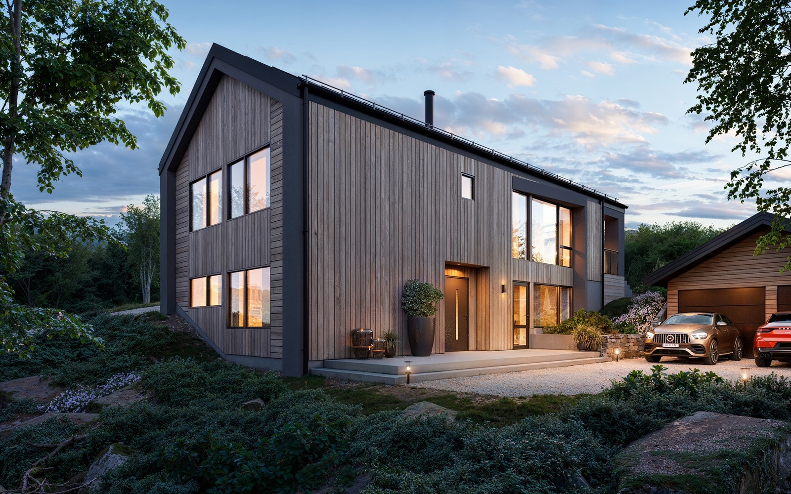 Huset er tilpasset den skrå tomta med inngangspart i underetasjen, like ved garasje (illustrasjonsbilde). Galleribilde