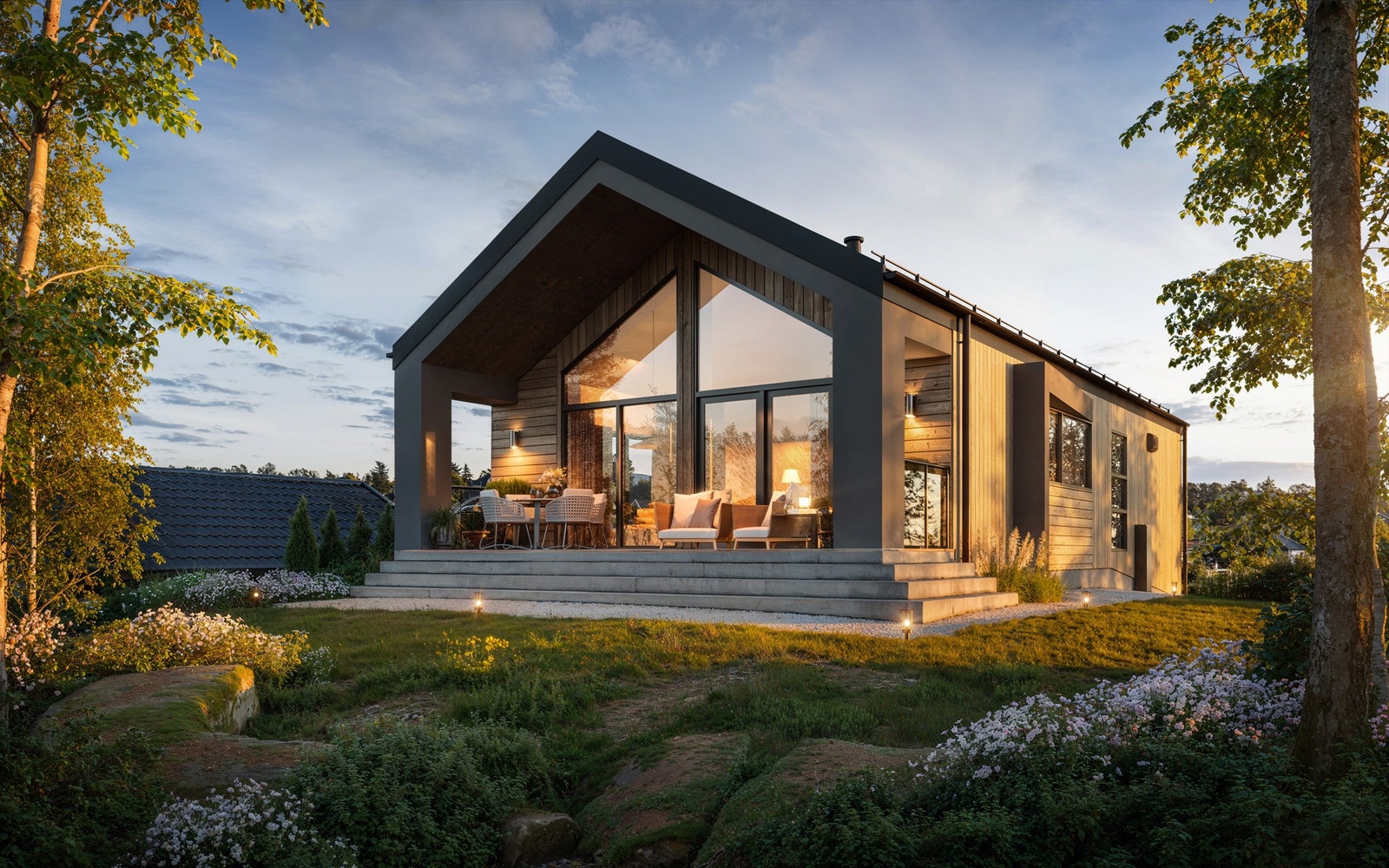 Moderne hus med vinduer fra gulv til tak. Lun, overbygd uteplass med mulighet for kaffekos uansett vær (Illustrasjonsbilde). Galleribilde