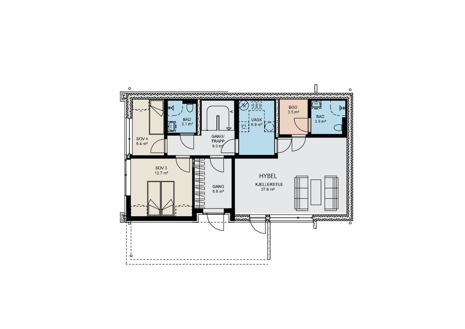 Det er også mulig å bygge huset med hybel i underetasjen, da ser plantegningen slik ut. Galleribilde