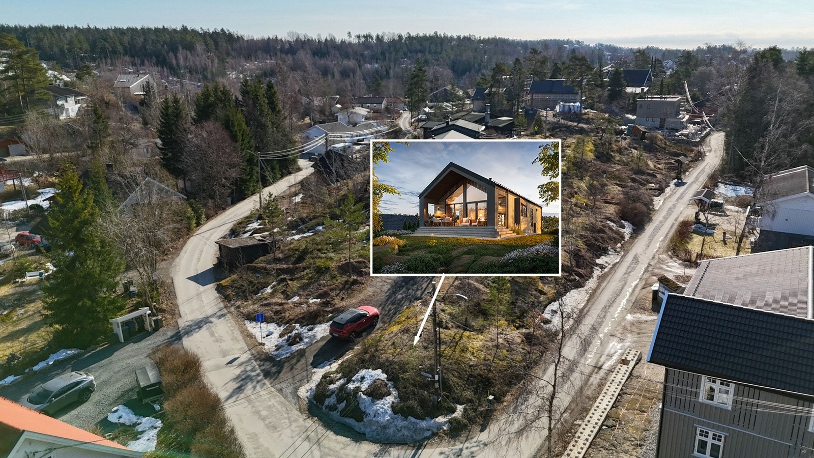 Tomt 4 er en skrå tomt hvor huset et tegnet for å passe tomta. Galleribilde