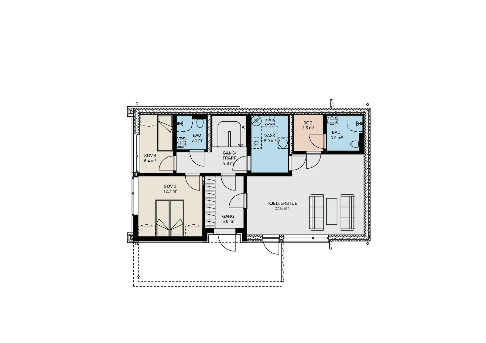 Innholdsrik underetasje med romslig gang, to soverom, to bad, vaskerom og bod. Galleribilde