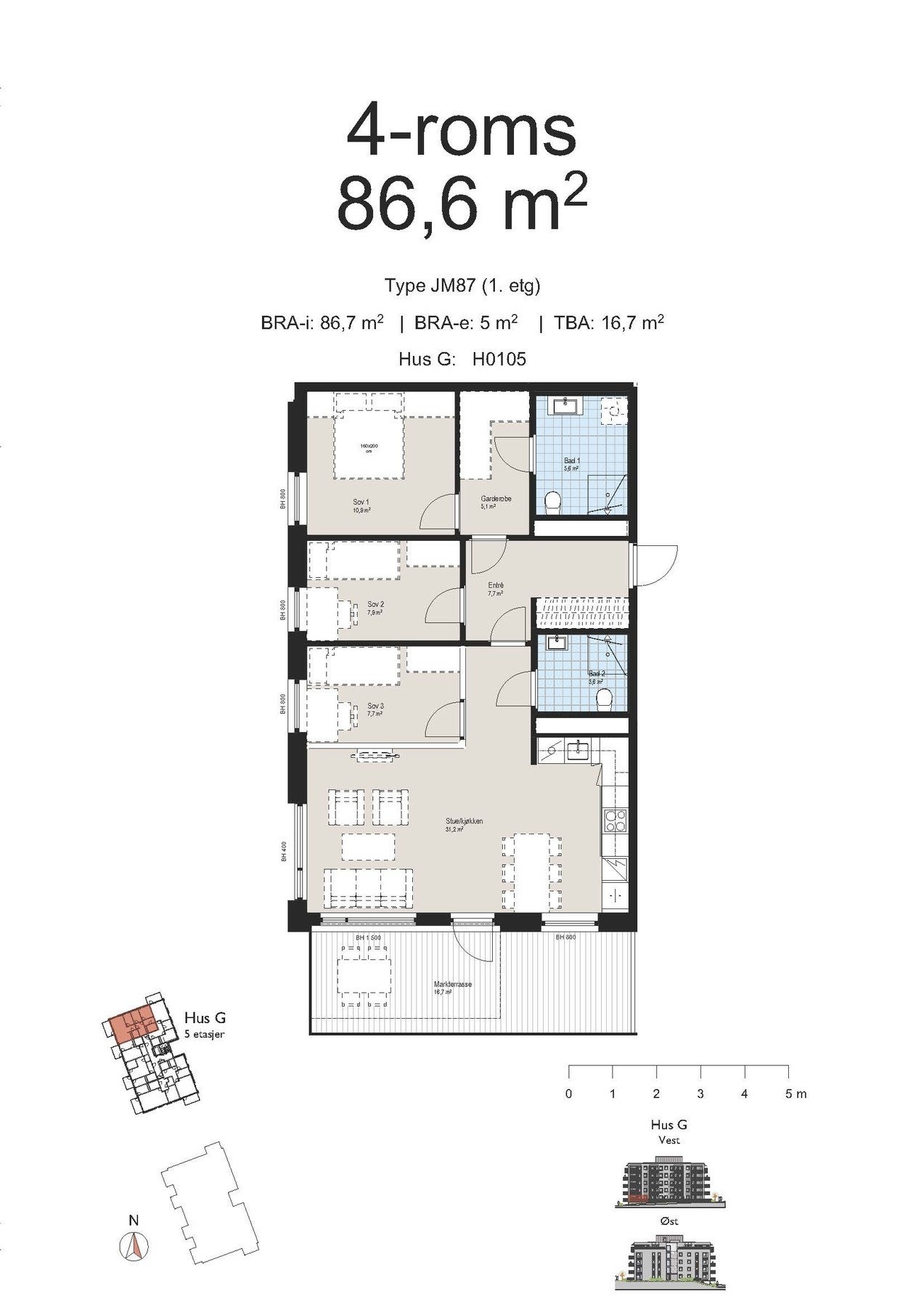 Planskisse. Leiligheten har tre romslige soverom og to bad. Galleribilde