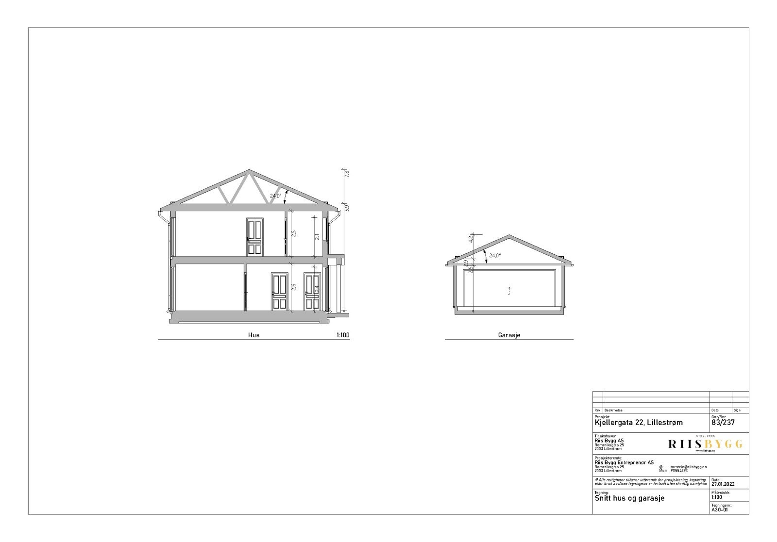 Snitt, hele 260 cm takhøyde i inngangsplanet. Galleribilde