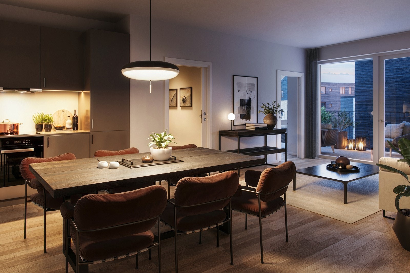 Nærbø, et yndet hjem for mang en stolt jærbu. Et vakkert kulturlandskap plassert mellom hei og hav, med dype og gode historiske røtter. (Stue/kjøkken - Leilighet 302 Illustasjonsbilde, avvik kan forekomme). Galleribilde