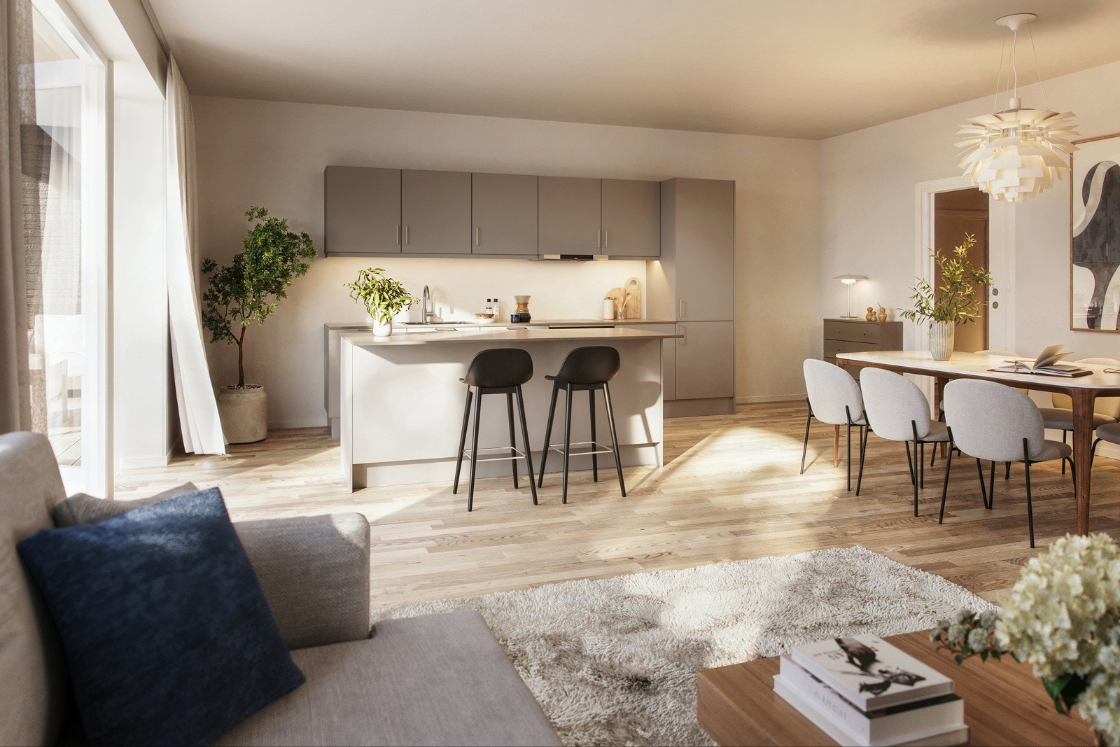 Meierigården er blitt et av Jærens største eiendomsprosjekter. Her skal det bygges ca. 90 leiligheter, hvorav 22 av i disse er i byggetrinn 3. (Stue/kjøkken - Leilighet 602 Illustasjonsbilde, avvik kan forekomme). Galleribilde