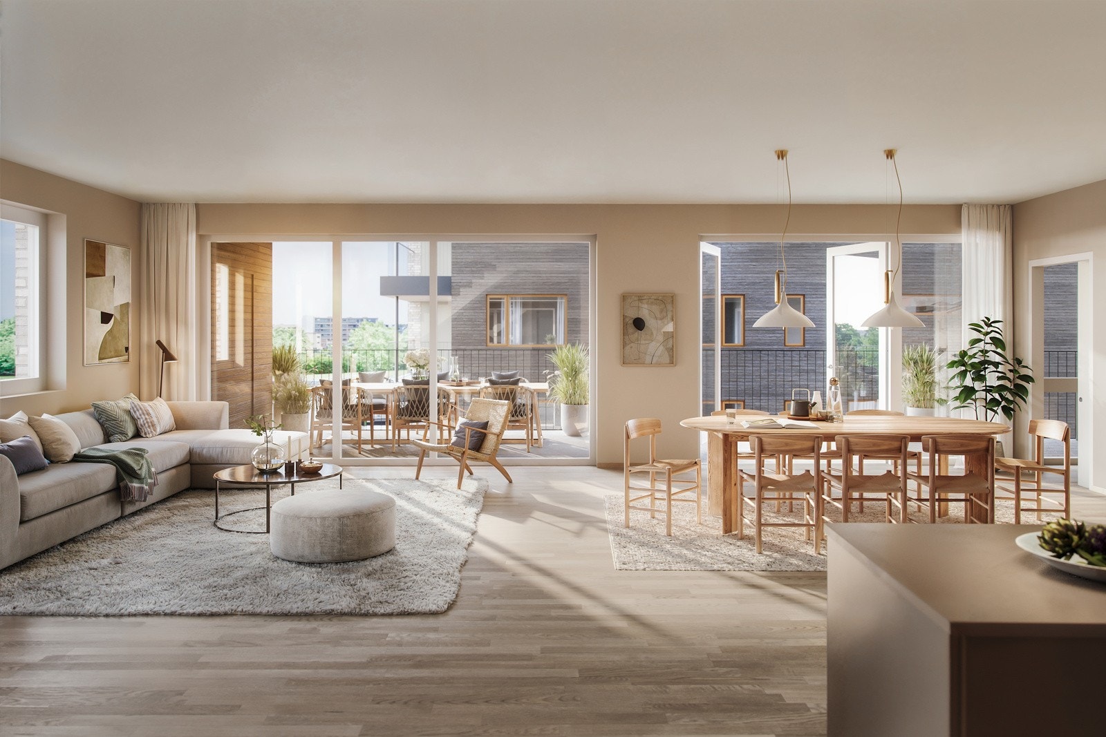 Leilighetene har ulike størrelser og romløsninger, og varierer i utforming. (Stue/kjøkken - Leilighet 403 Illustasjonsbilde, avvik kan forekomme). Galleribilde