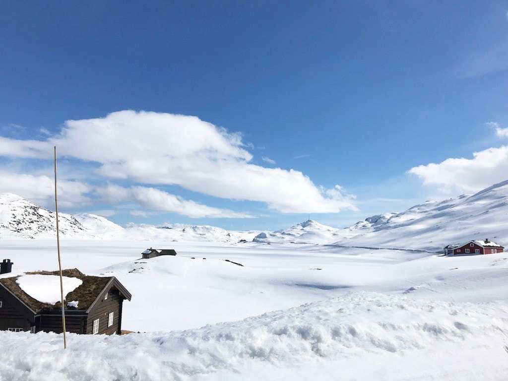 Glimt fra veien mot Årdal, 1 km fra leilighetene, som ligger ca midt på bildet. Bildet er tatt i mai! Galleribilde