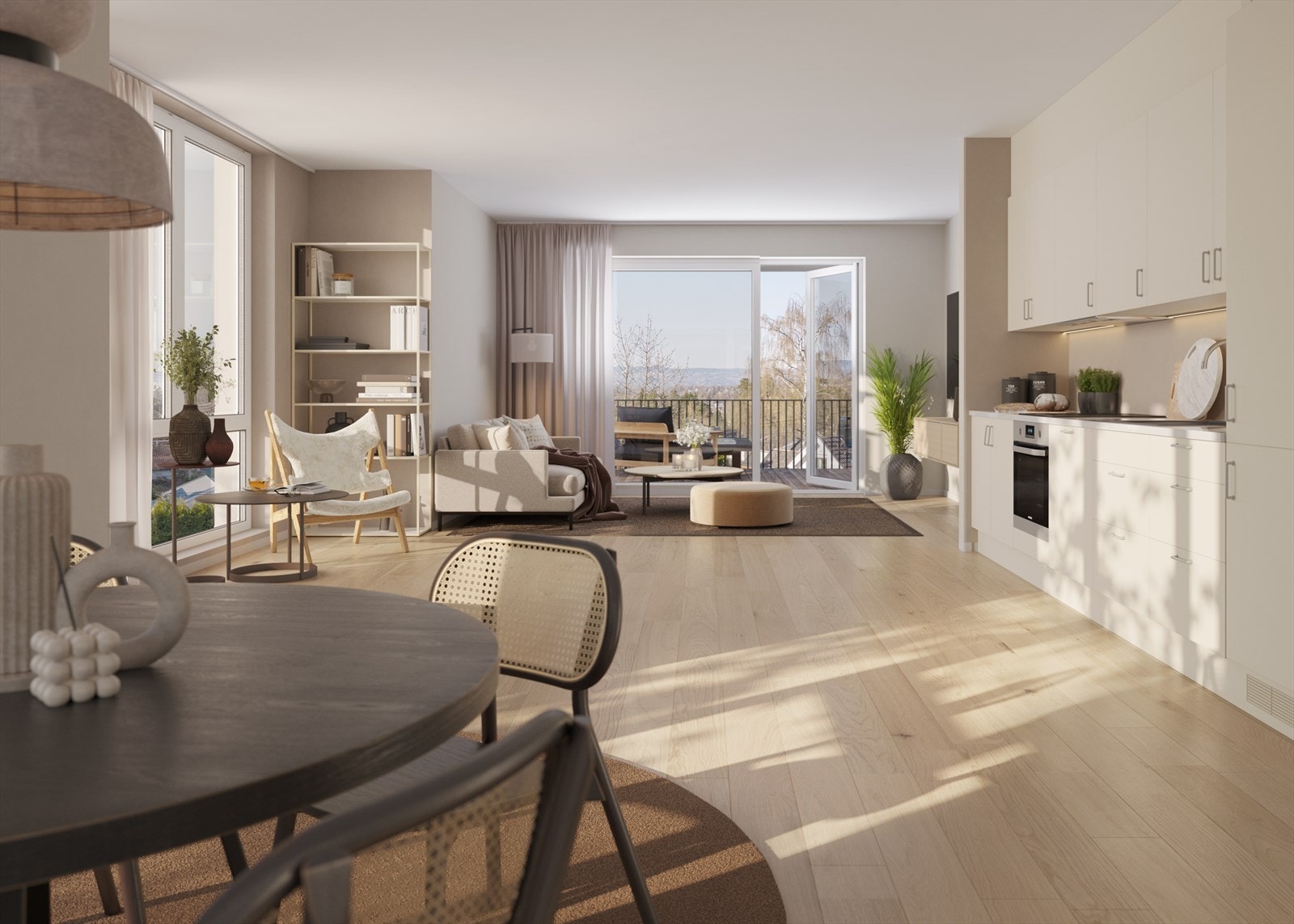 Leilighetene leveres med vannbåren varme i gulvene i stue/kjøkken og gang. Illustrasjonen viser leilighet B0301 i Oberst Petersvei 14 Galleribilde