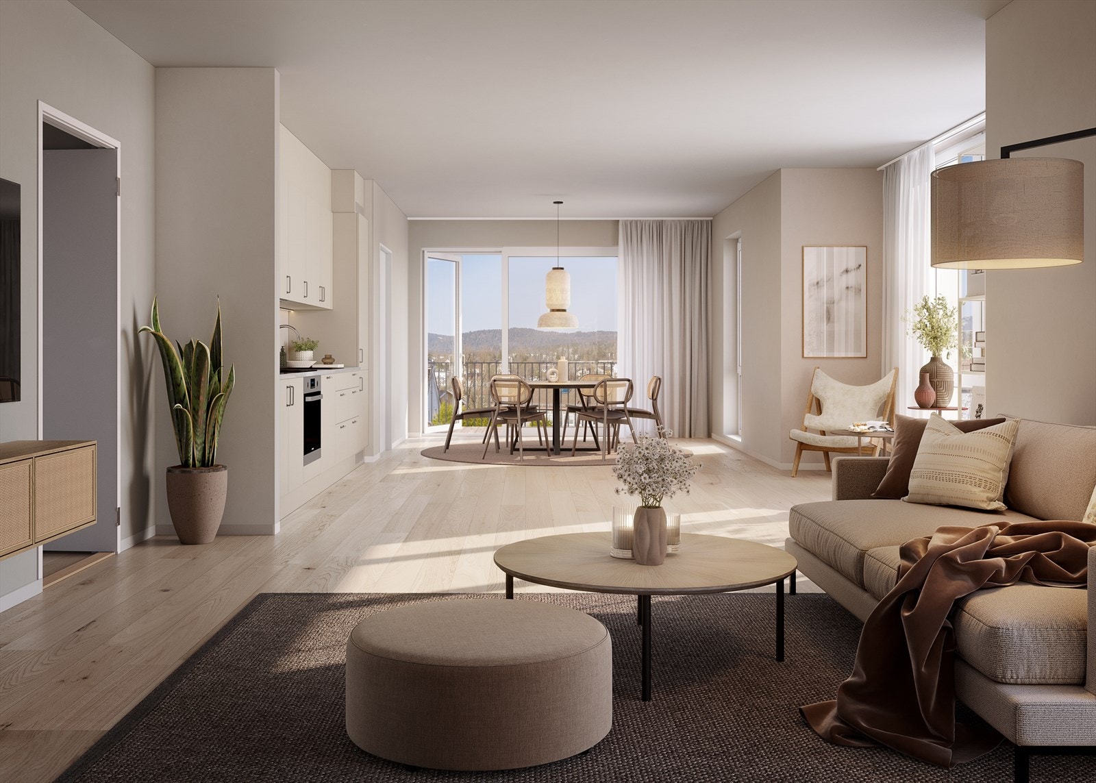 Illustrasjon av stue/kjøkken. Leilighetene leveres med god standard med integrerte hvitevarer på kjøkken. Illustrasjonen viser leilighet B0301 i Oberst Petersvei 14 Galleribilde