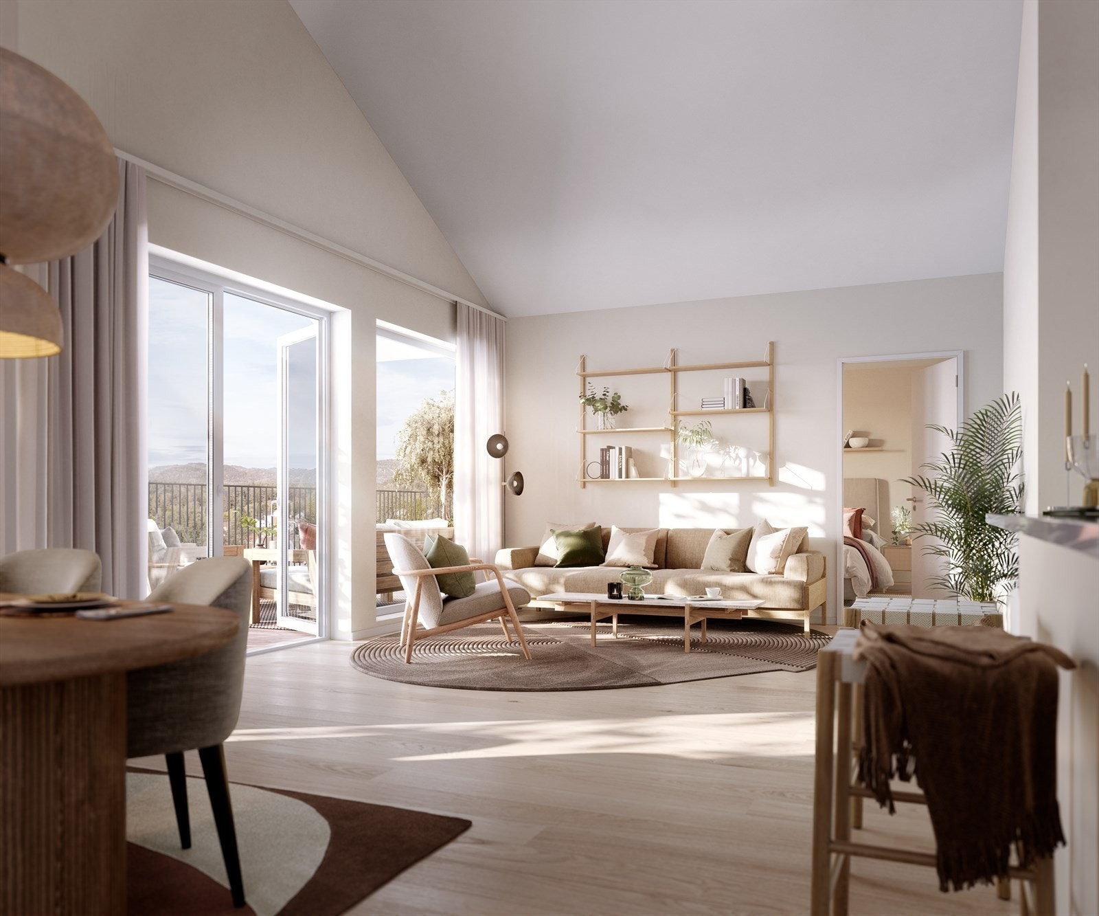 Illustrasjon fra toppleilighet. Legg merke til takhøyden og de store vindusflatene mot vest. Galleribilde