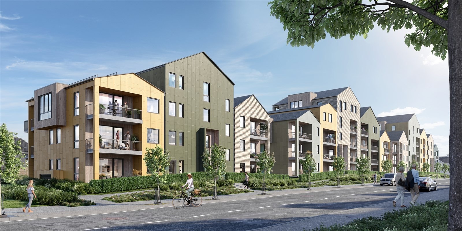 Prosjektet får flotte moderne leiligheter hvor mange av leilighetene i bygget er gjennomgående og har 2 balkonger. Her vises fasade mot Nansetgata. Galleribilde