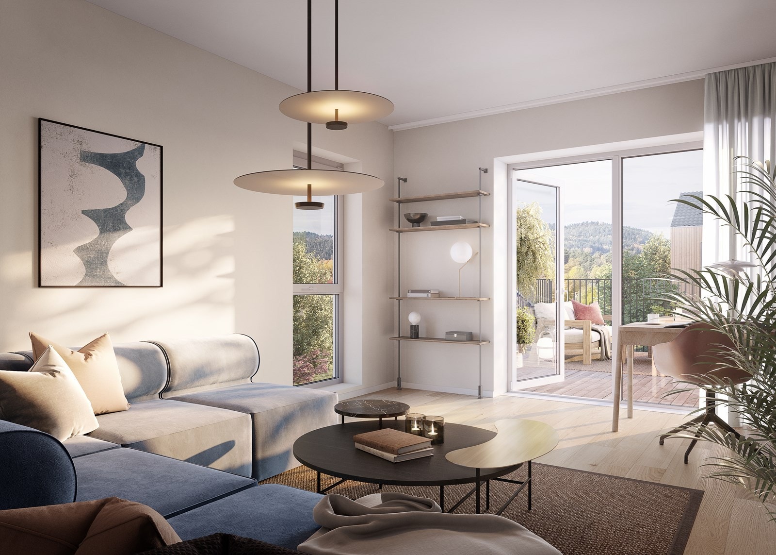 Illustrasjon av stue fra rekkehus type 2 Galleribilde