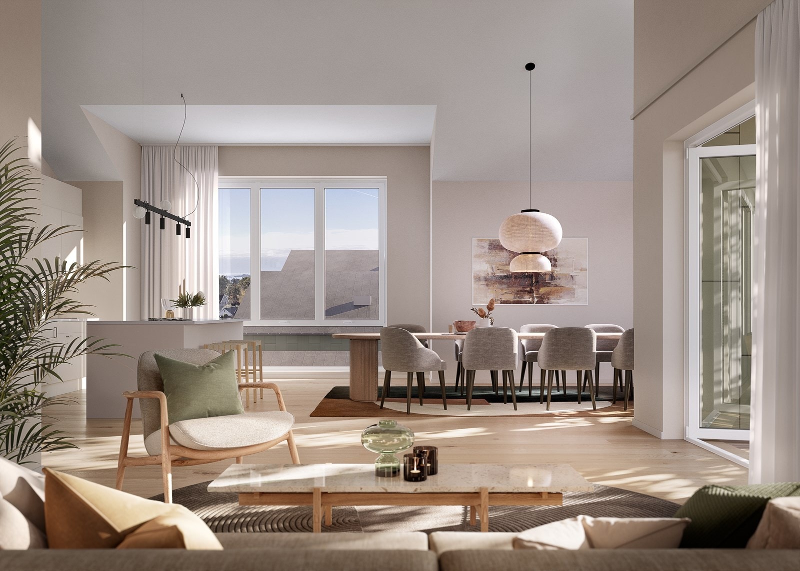 Leilighetene får flotte lyse rom med åpen løsning mellom stue og kjøkken. Toppleilighetene får høy takhøyde. Galleribilde