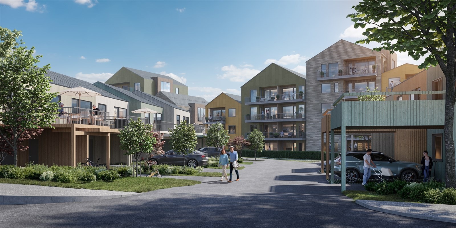 Skolegården får en fin miks av boligtyper med rekkehus og leiligheter i varierte størrelser Galleribilde