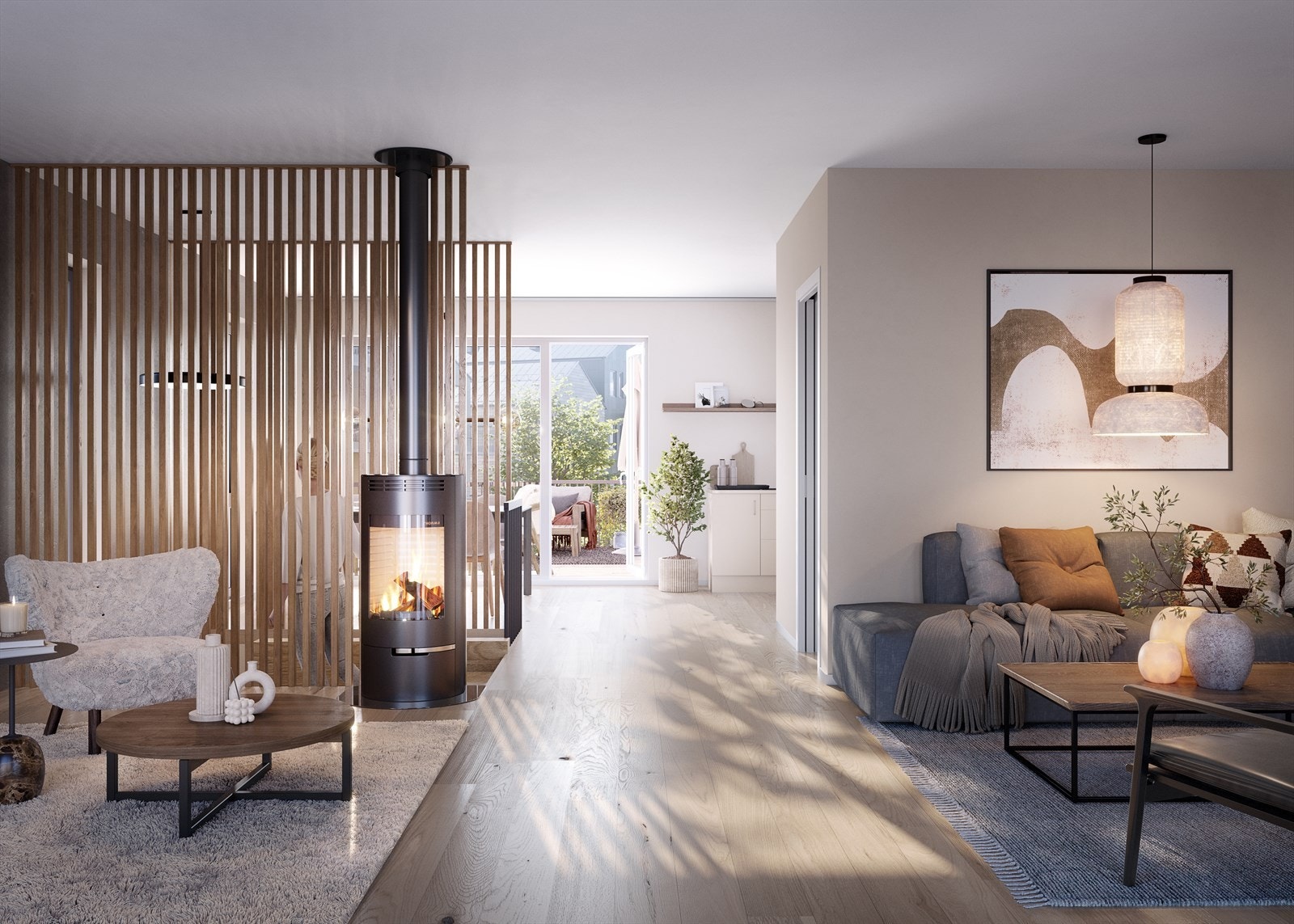 Illustrasjon av stue/kjøkken i rekkehus type 1. Galleribilde